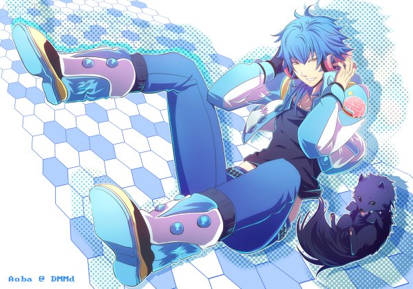 イラスト 1200x840 と ドラマティカル マーダー nitro+chiral 蒼葉 ren (dmmd) ソロ 長髪 黄色眼 青い髪 inscription 男性 ジャケット ブーツ ヘッドフォン 犬 blue jeans