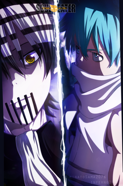 Anime picture 670x1012 with soul eater studio bones death the kid black star minatosama207 inferno2446 tall image short hair blue eyes black hair yellow eyes white hair multicolored hair aqua hair inscription two-tone hair streaked hair sleeveless coloring multiview