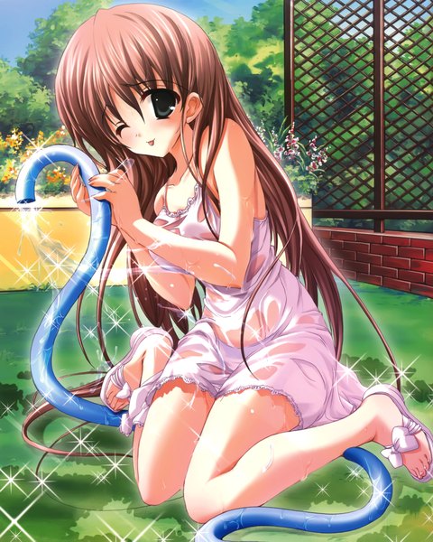 Anime picture 3564x4450 with tall image highres light erotic brown hair absurdres black eyes wet girl dress water sundress splashes hose