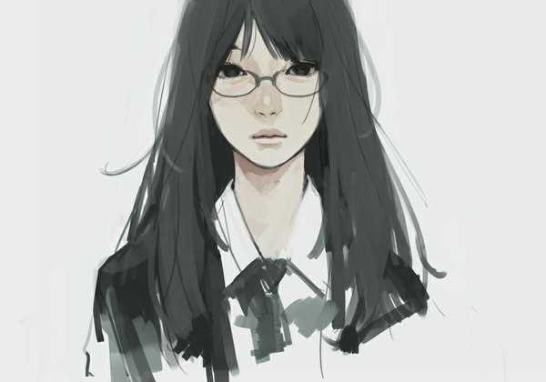Anime picture 900x630 with original tae (artist) single long hair looking at viewer fringe simple background brown eyes grey background portrait girl shirt glasses necktie