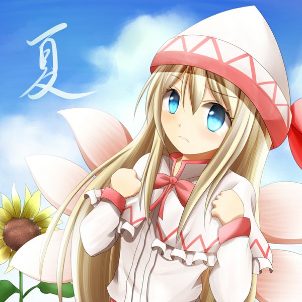 Anime picture 1024x1024 with touhou lily white kuroganeruto single long hair blue eyes blonde hair cloud (clouds) girl dress flower (flowers) hat