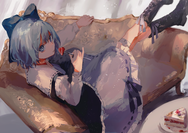 Anime picture 2000x1416 with touhou cirno isshin (kaxz) single highres short hair blue eyes blue hair looking away reclining pinky out girl bow hair bow food sweets knee boots couch berry (berries) cake