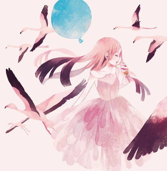 Anime picture 978x1002 with original mokaffe (artist) single long hair tall image pink hair eyes closed profile wind gradient hair pink background girl dress animal food sweets bird (birds) ice cream pink dress balloon