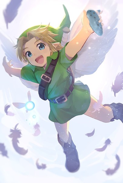 Anime picture 1000x1480 with the legend of zelda the legend of zelda: ocarina of time nintendo link navi young link cocolo (co co lo) single tall image looking at viewer short hair open mouth blue eyes simple background blonde hair holding full body bent knee (knees) :d pointy ears