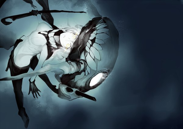 Anime picture 1000x707 with kantai collection wo-class aircraft carrier tugmix single long hair looking at viewer holding white hair parted lips from above teeth covered navel glowing dark background glowing eye (eyes) pale skin underwater arched back sharp teeth shinkaisei-kan