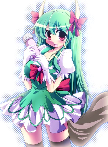 Anime picture 1236x1681 with touhou kamishirasawa keine ex-keine geogeo (artist) single tall image open mouth red eyes multicolored hair horn (horns) green hair colored inner hair girl dress gloves bow hair bow
