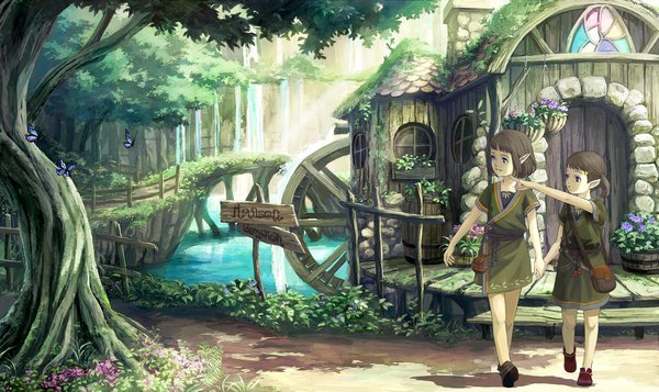 Anime picture 1986x1181 with original harupy highres short hair blue eyes smile brown hair wide image multiple girls brown eyes looking away pointy ears shadow short sleeves holding hands elf landscape fantasy walking scenic
