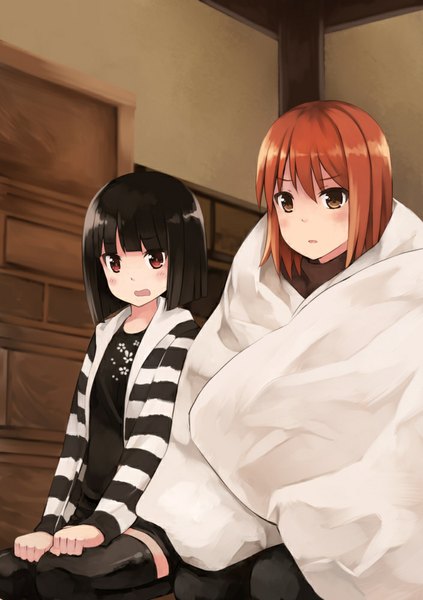 Anime picture 705x1000 with original akatsuki miho fukube tamaki kouno hikaru tall image blush short hair open mouth black hair red eyes brown hair multiple girls brown eyes girl thighhighs black thighhighs 2 girls blanket