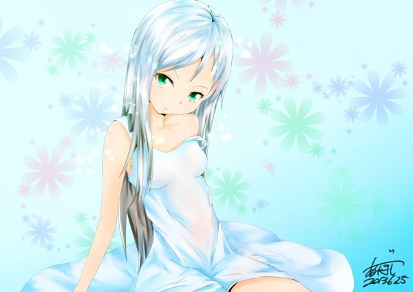 Anime picture 1169x827 with original matsuri (artist) single long hair looking at viewer fringe breasts sitting bare shoulders green eyes white hair light smile floral print girl dress white dress sundress