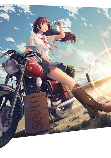 Anime picture 1414x2000 with original yumemizuki single long hair tall image fringe open mouth brown hair sitting holding brown eyes looking away sky cloud (clouds) full body outdoors blunt bangs pleated skirt arm up wind