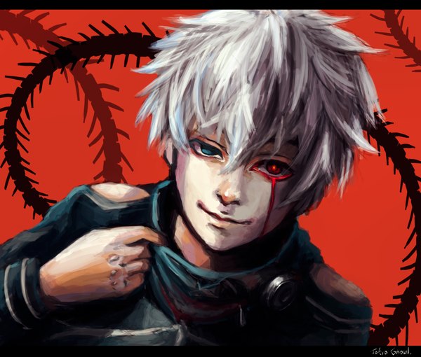 Anime picture 2280x1939 with tokyo ghoul studio pierrot kaneki ken toriumiaoru single highres short hair blue eyes red eyes signed white hair lips heterochromia close-up red background bleeding bloody tears boy blood mask