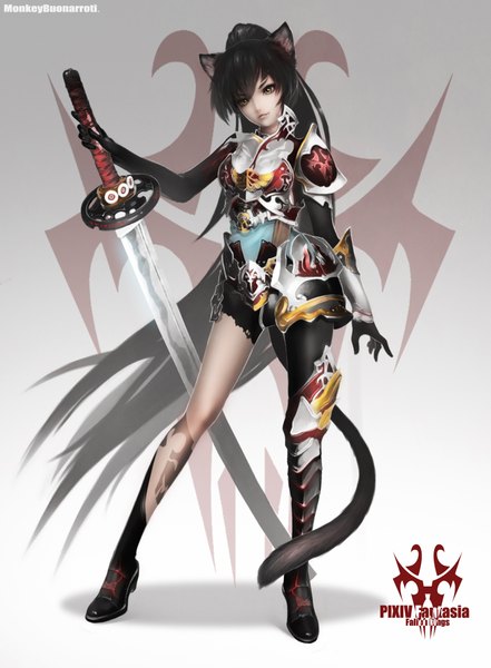 Anime picture 1526x2077 with original pixiv fantasia pixiv fantasia fallen kings monkey (weibo) single tall image fringe breasts black hair standing holding animal ears yellow eyes looking away ponytail tail very long hair animal tail lips cat ears