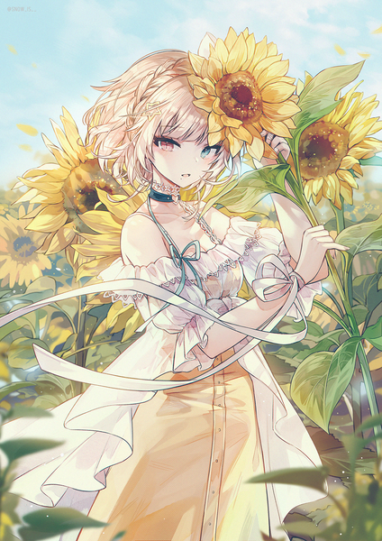 Anime picture 1000x1415 with original snow is single tall image looking at viewer blush short hair open mouth blue eyes blonde hair red eyes standing signed sky cloud (clouds) outdoors wind off shoulder mole twitter username