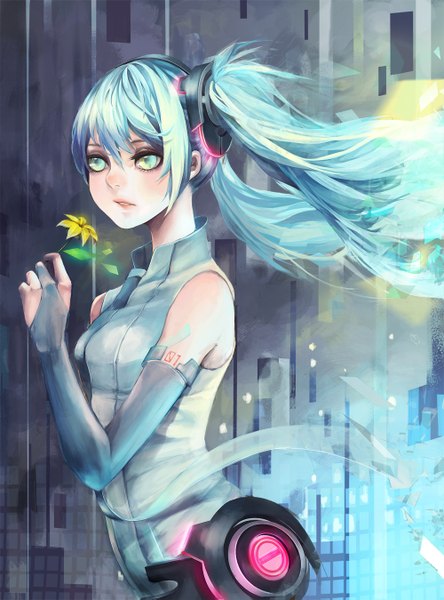 Anime picture 1000x1349 with vocaloid vocaloid append hatsune miku hatsune miku (append) cp .ieng single long hair tall image twintails bare shoulders holding green eyes aqua eyes wind aqua hair girl flower (flowers) detached sleeves necktie