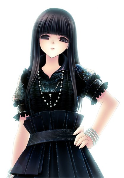 Anime picture 600x858 with perfume (group) yuka kashino (kashiyuka) nishiwaki yuuri single long hair tall image looking at viewer fringe black hair simple background standing white background black eyes hand on hip girl dress bracelet black dress beads teardrop