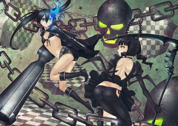 Anime picture 3505x2480 with black rock shooter black rock shooter (character) dead master long hair highres blue eyes black hair sitting twintails multiple girls green eyes absurdres very long hair from above midriff glowing flat chest scar glowing eye (eyes) checkered background