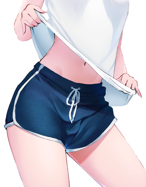 Anime picture 1125x1441 with original eutoria single tall image simple background standing white background short sleeves midriff head out of frame girl navel shorts short shorts t-shirt