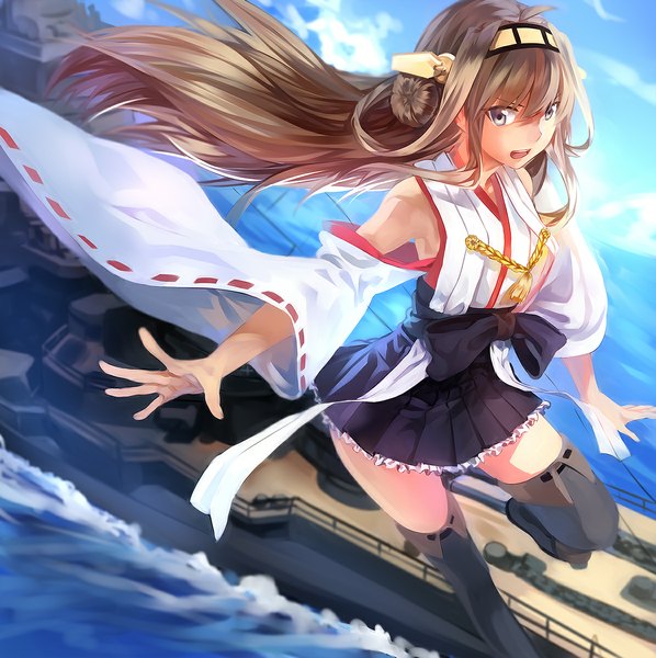 Anime picture 1195x1199 with kantai collection kongou battleship rff (3 percent) single long hair tall image looking at viewer open mouth brown hair wind wide sleeves grey eyes zettai ryouiki flying nontraditional miko girl thighhighs skirt bow detached sleeves