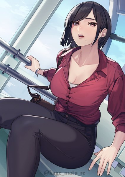 Anime picture 2894x4093 with original kagematsuri single tall image looking at viewer fringe highres short hair breasts open mouth light erotic black hair red eyes sitting signed cleavage mole mole under eye twitter username mole under mouth