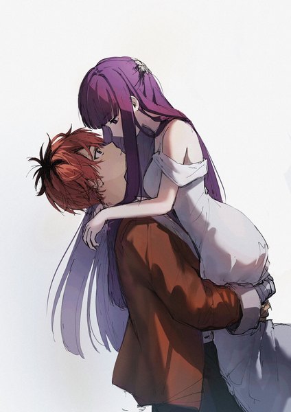 Anime picture 4093x5787 with sousou no frieren fern (sousou no frieren) stark (sousou no frieren) banyan long hair tall image highres short hair simple background white background purple eyes absurdres purple hair red hair profile couple hug half updo face to face girl