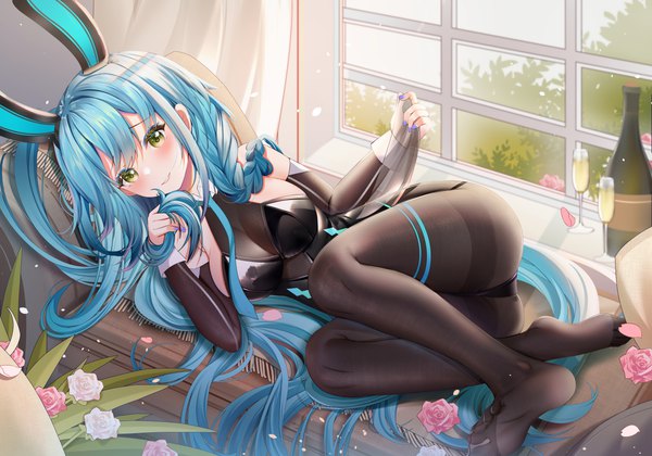 Anime picture 4000x2800 with azur lane boise (azur lane) boise (sheepish sapphire) (azur lane) miaogujun single looking at viewer blush fringe highres breasts light erotic large breasts holding animal ears yellow eyes payot blue hair absurdres bent knee (knees) ass