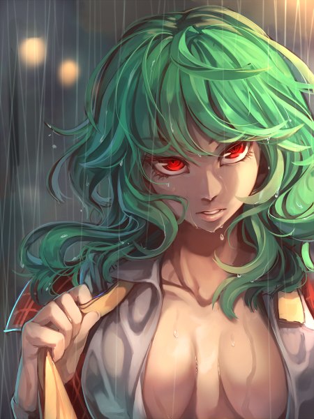 Anime picture 900x1200 with touhou kazami yuuka asutora single long hair tall image looking at viewer breasts light erotic red eyes parted lips green hair open shirt rain wet clothes wet shirt girl shirt