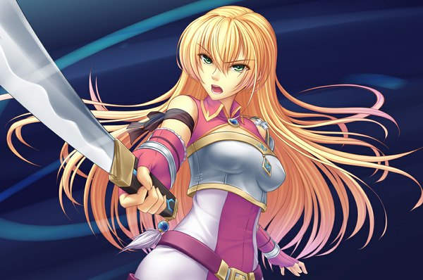 Anime picture 1120x743 with original athrun1120 single long hair open mouth blonde hair green eyes girl weapon sword fingerless gloves katana cross brooch