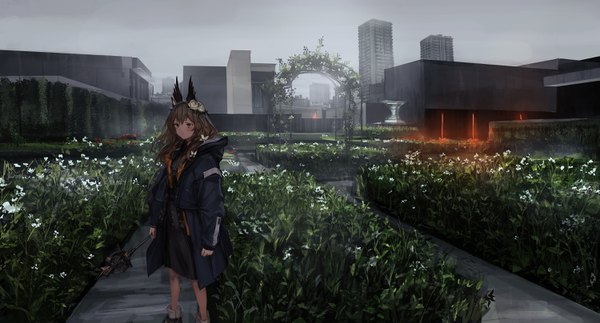 Anime picture 3000x1616 with lavender quartz torabishi lana lm7 (op-center) single long hair fringe highres hair between eyes brown hair wide image standing brown eyes looking away sky outdoors hair flower open clothes city cityscape girl