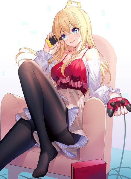 Anime picture 876x1200 with original ririko (zhuoyandesailaer) single long hair tall image blush fringe open mouth blue eyes simple background blonde hair smile hair between eyes brown hair white background sitting bare shoulders holding looking away bent knee (knees)
