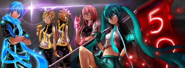 Anime picture 2600x962 with vocaloid hatsune miku megurine luka kagamine rin kagamine len kaito (vocaloid) long hair looking at viewer highres short hair blue eyes blonde hair smile wide image twintails bare shoulders multiple girls blue hair looking away pink hair
