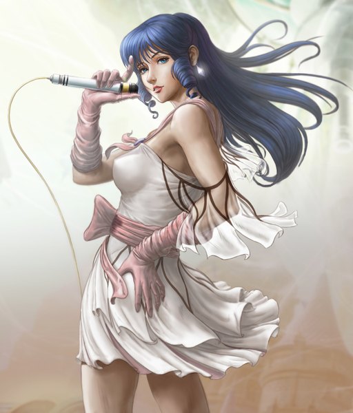 Anime picture 1280x1501 with macross macross: do you remember love? lynn minmay minhospen single long hair tall image looking at viewer fringe blue eyes simple background standing bare shoulders holding payot blue hair parted lips realistic grey background lipstick