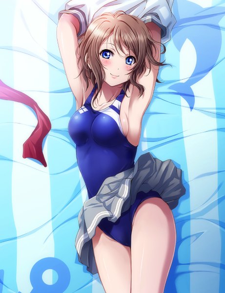 Anime picture 1000x1300 with love live! sunshine!! sunrise (studio) love live! watanabe you shian (my lonly life.) single tall image looking at viewer blush fringe short hair breasts blue eyes light erotic smile brown hair large breasts lying pleated skirt from above