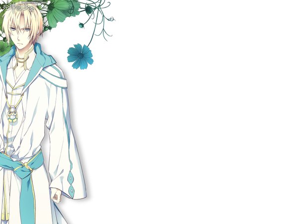 Anime picture 1600x1200 with shinigami to shojo ao (shinigami to shojo) single short hair blue eyes blonde hair white background signed inscription hieroglyph boy flower (flowers) pendant