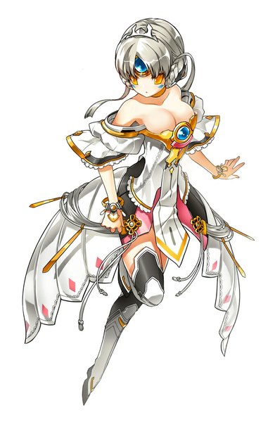 Anime picture 718x1101 with elsword eve (elsword) tagme (artist) single long hair tall image breasts light erotic simple background white background bare shoulders yellow eyes silver hair braid (braids) twin braids face paint girl dress bracelet armor