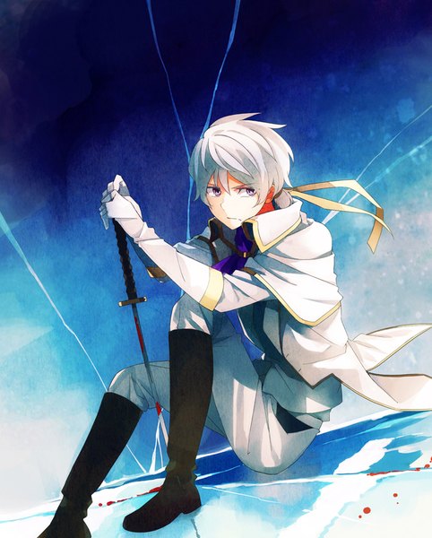 Anime picture 723x900 with original takerusilt single tall image fringe short hair hair between eyes sitting purple eyes looking away white hair wind bloody weapon boy gloves ribbon (ribbons) weapon hair ribbon sword white gloves