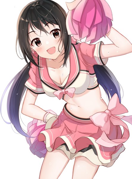 Anime picture 1400x1888 with idolmaster idolmaster cinderella girls nakano yuka satoimo chika single long hair tall image looking at viewer blush open mouth black hair simple background white background twintails brown eyes cleavage :d midriff sweat low twintails