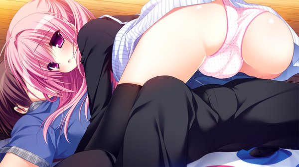 Anime picture 1280x720 with pure girl kanadome miyako nanaka mai long hair blush light erotic wide image pink hair game cg ass pink eyes girl thighhighs boy underwear panties black thighhighs