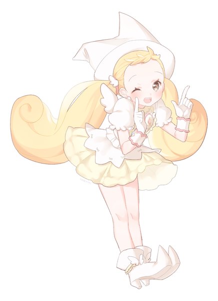 Anime picture 800x1100 with ojamajo doremi makihatayama hana marin (myuy 3) single long hair tall image looking at viewer blush open mouth simple background blonde hair white background twintails signed yellow eyes loli low twintails girl dress gloves