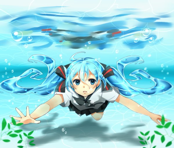 Anime picture 2000x1700 with vocaloid hatsune miku bottle miku yuragiyura single long hair looking at viewer highres open mouth twintails spread arms underwater liquid hair swimming girl skirt uniform ribbon (ribbons) hair ribbon school uniform