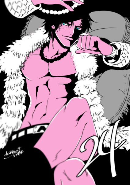 Anime picture 848x1200 with one piece toei animation portgas d. ace danbat miho single tall image short hair light erotic black hair smile sitting holding signed looking away arm up aqua eyes open clothes fur trim crossed legs topless