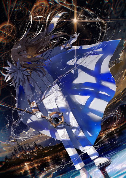 Anime picture 1500x2117 with fate (series) fate/grand order kirschtaria wodime kuga huna single long hair tall image fringe blue eyes hair between eyes brown hair standing looking away full body wind outstretched arm city magic boy gloves