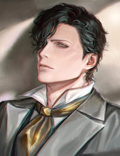 Anime picture 1442x1877 with fire emblem fire emblem: three houses nintendo hubert von vestra vestradog single tall image looking at viewer fringe short hair black hair green eyes hair over one eye portrait anaglyph boy