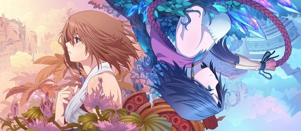 Anime picture 2000x878 with final fantasy final fantasy x square enix yuna (ff10) diamond dust highres short hair blue eyes brown hair wide image bare shoulders multiple girls blue hair profile dual persona girl dress flower (flowers) 2 girls leaf (leaves)