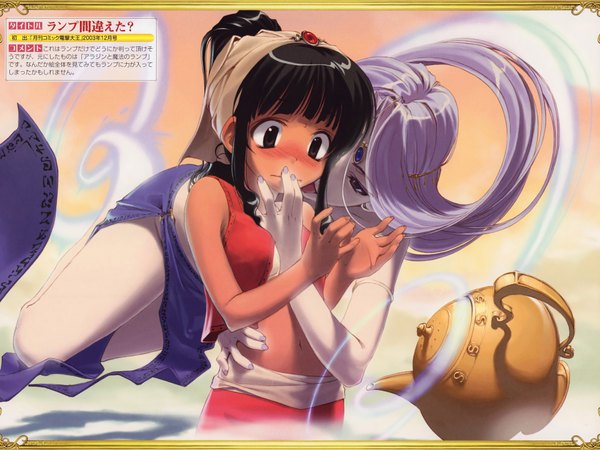 Anime picture 1920x1440 with aladdin disney aladdin (character) genie (aladdin) hidari (left side) long hair blush highres black hair multiple girls purple hair ponytail nail polish black eyes dark skin smoke shoujo ai pale skin flying genderswap