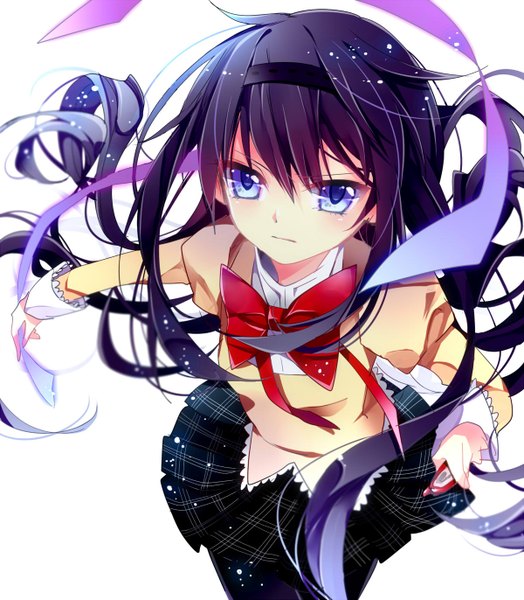 Anime picture 1200x1372 with mahou shoujo madoka magica shaft (studio) akemi homura ayumaru (art of life) single long hair tall image looking at viewer fringe simple background white background purple eyes holding purple hair pleated skirt from above girl skirt uniform ribbon (ribbons)