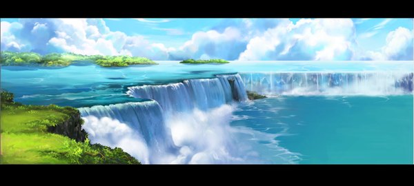 Anime picture 1680x758 with original mugon wide image sky cloud (clouds) no people landscape river waterfall plant (plants) water grass