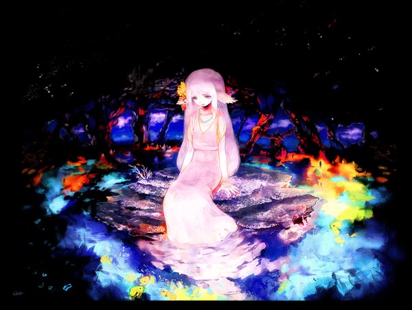 Anime picture 1500x1129 with sakaya (artist) single long hair sitting pink hair hair flower black background looking down head wings sad girl dress hair ornament plant (plants) tree (trees) water jewelry fish (fishes)