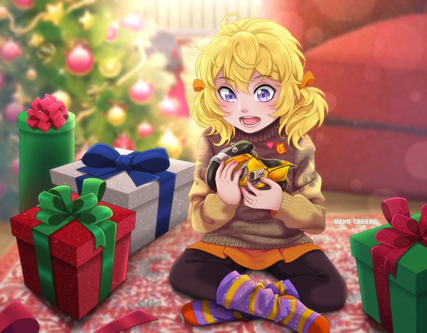 Anime picture 3200x2500 with rwby rooster teeth yang xiao long manu-chann single fringe highres short hair open mouth blonde hair hair between eyes sitting purple eyes twintails absurdres long sleeves depth of field no shoes low twintails happy
