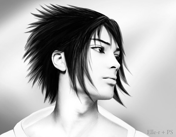 Anime picture 900x706 with naruto studio pierrot naruto (series) uchiha sasuke single short hair black hair simple background signed looking away profile lips black eyes realistic monochrome portrait boy