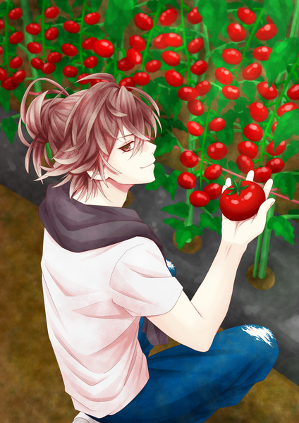 Anime picture 1447x2047 with diabolik lovers idea factory mukami yuuma shelty single tall image looking at viewer fringe short hair smile hair between eyes brown hair holding brown eyes profile torn clothes squat boy scarf vegetables